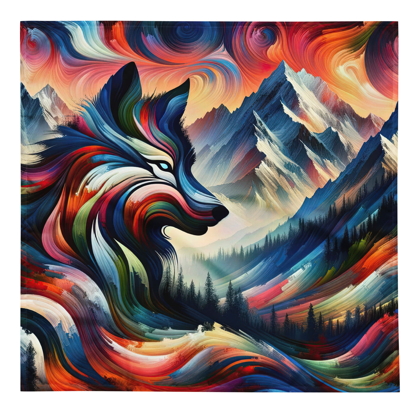 Abstrakte Kunst der Alpen mit majestätischer Wolfssilhouette. Lebendige, wirbelnde Farben, unvorhersehbare Muster (AN) - All-Over Print xxx yyy zzz L