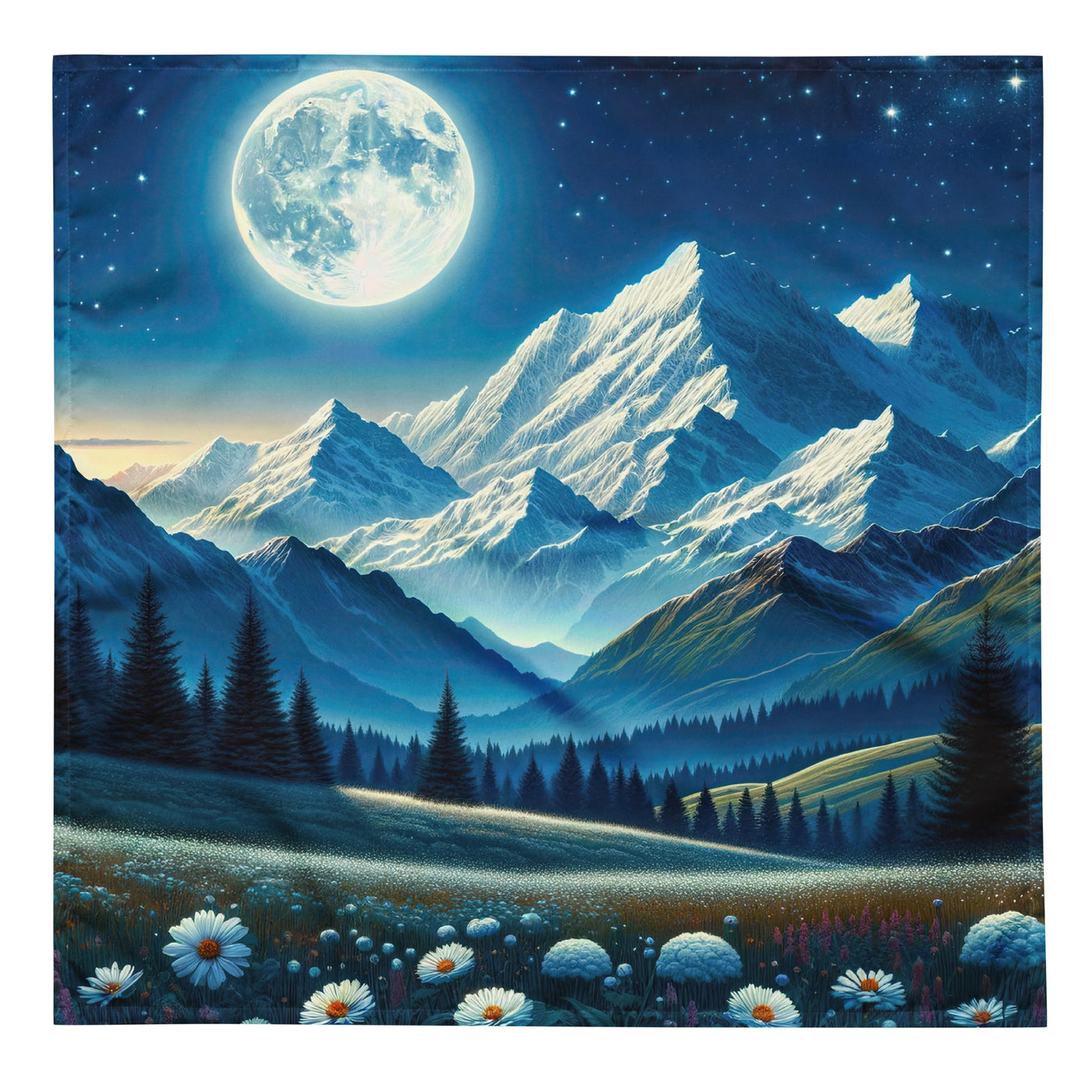 Klare frühlingshafte Alpennacht mit Blumen und Vollmond über Schneegipfeln - Bandana (All-Over Print) berge xxx yyy zzz L