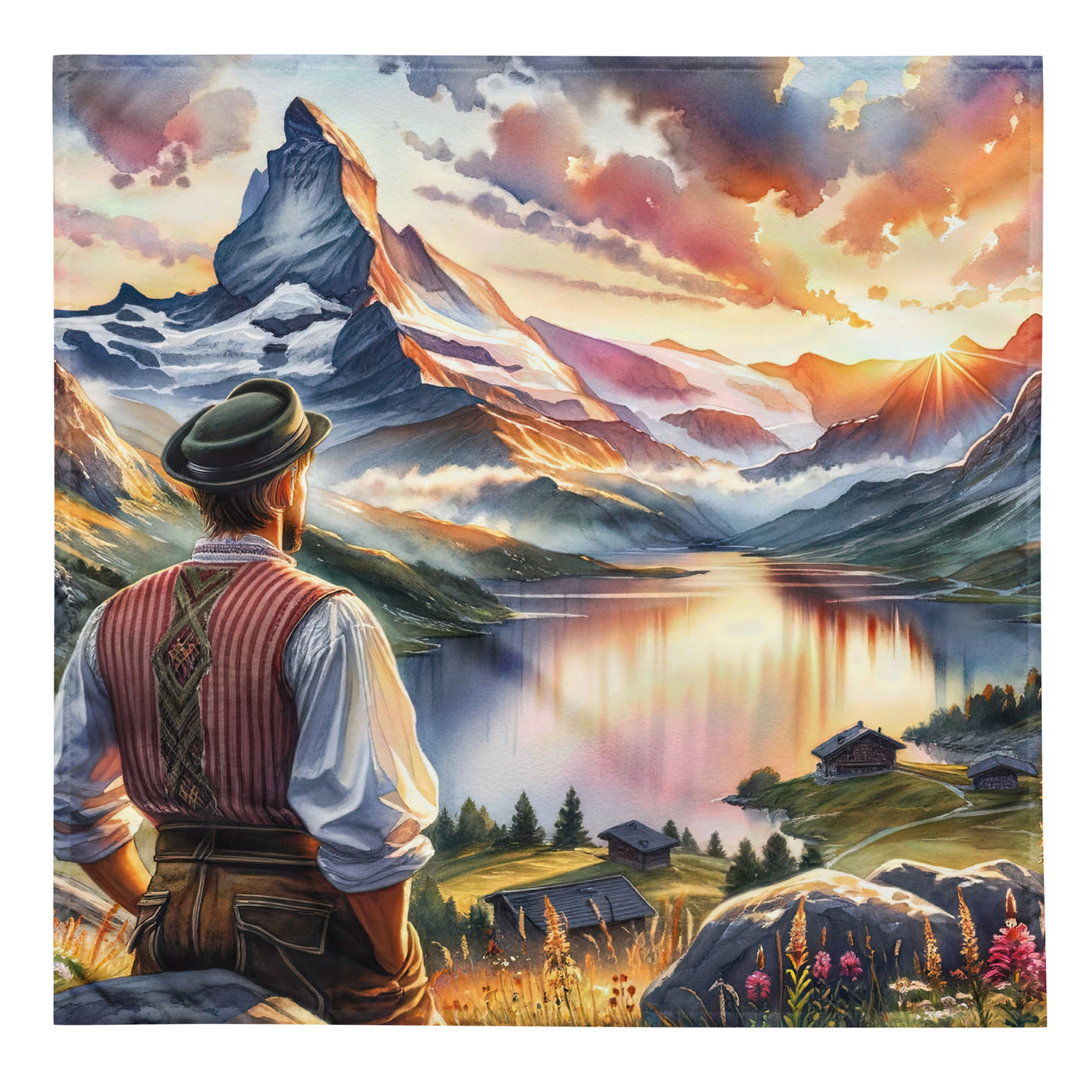 Aquarell einer Berglandschaft in der goldenen Stunde mit österreichischem Wanderer - Bandana (All-Over Print) wandern xxx yyy zzz L