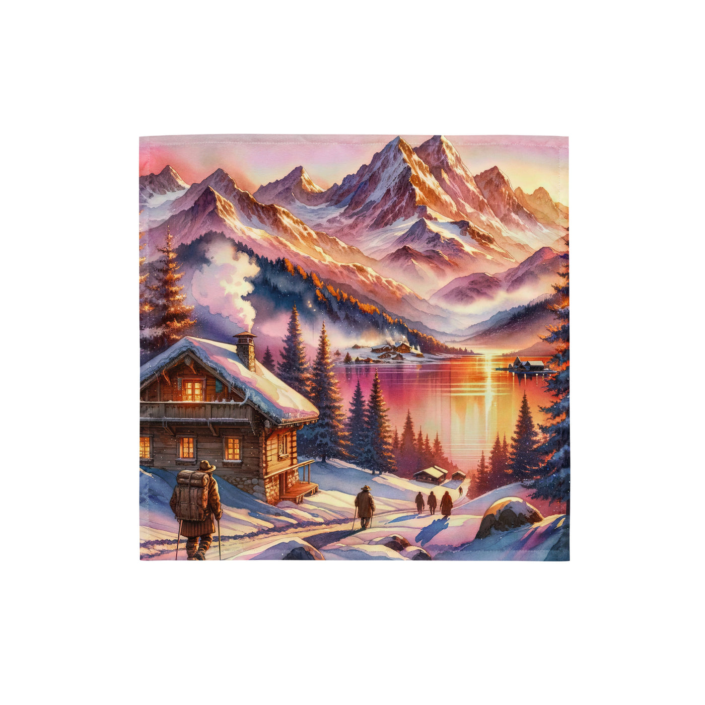 Aquarell eines Alpenpanoramas mit Wanderern bei Sonnenuntergang in Rosa und Gold - Bandana (All-Over Print) wandern xxx yyy zzz S