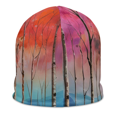 Berge, See, pinke Bäume und Blumen - Malerei - Beanie (All-Over Print) berge xxx