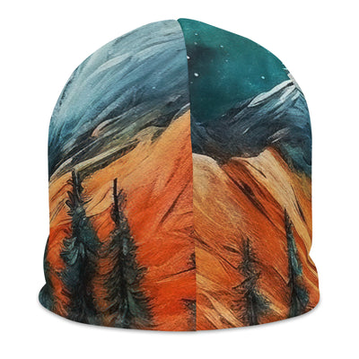 Berglandschaft und Zelte - Nachtstimmung - Landschaftsmalerei - Beanie (All-Over Print) camping xxx