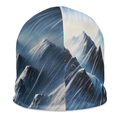 Wanderer und Bergsteiger im Schneesturm: Acrylgemälde der Alpen - Beanie (All-Over Print) wandern xxx yyy zzz