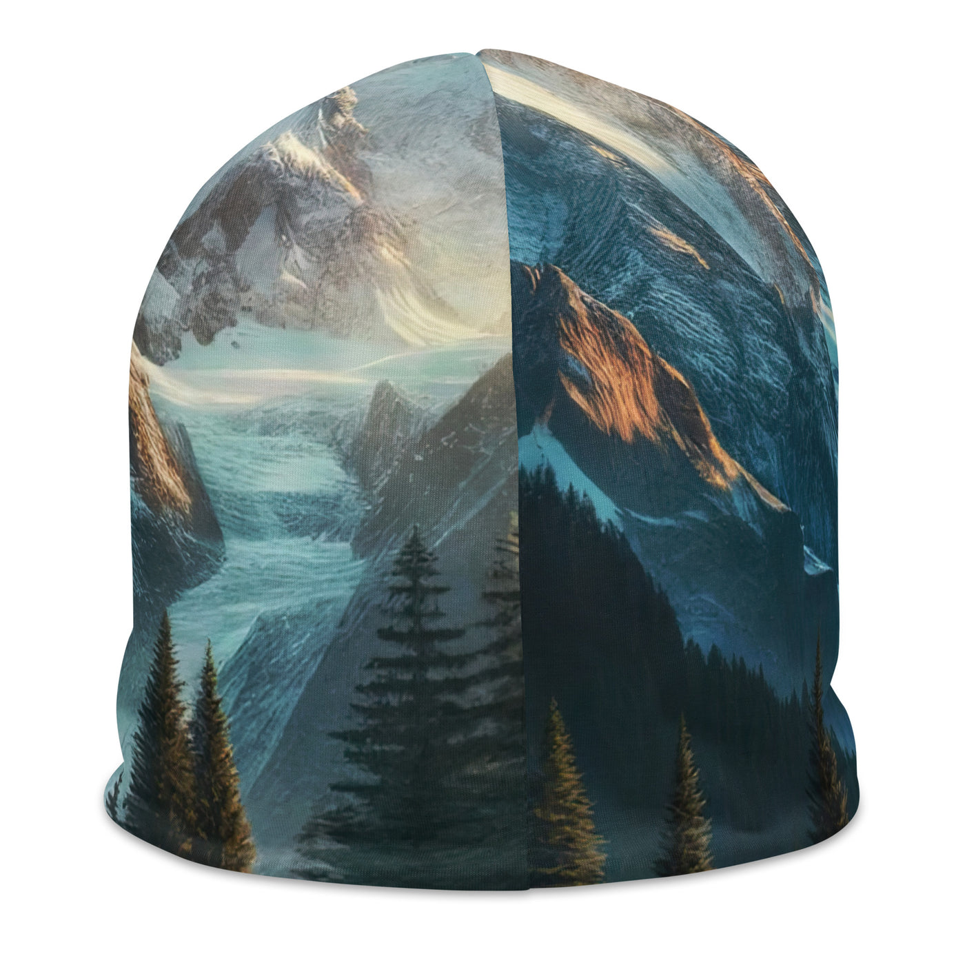 Stille Alpenmajestätik: Digitale Kunst mit Schnee und Bergsee-Spiegelung - Beanie (All-Over Print) berge xxx yyy zzz