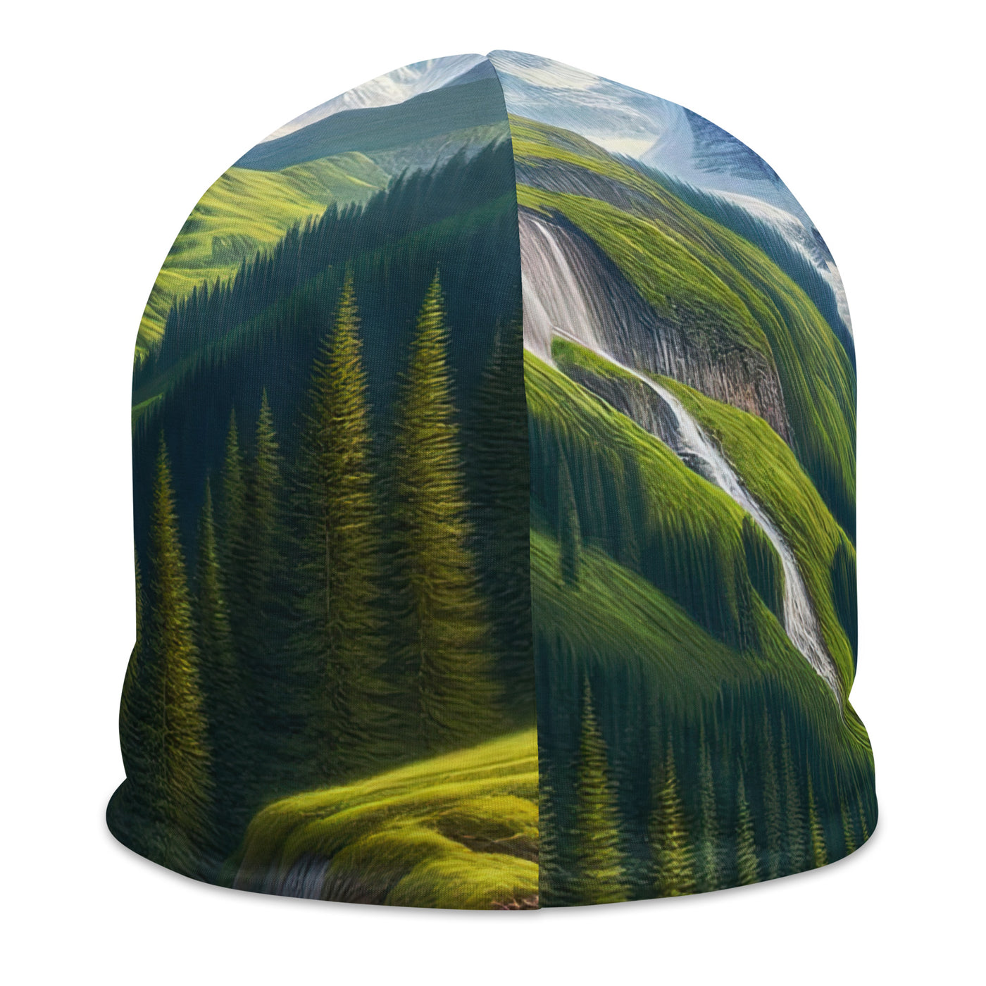 Wanderer in den Bergen und Wald: Digitale Malerei mit grünen kurvenreichen Pfaden - Beanie (All-Over Print) wandern xxx yyy zzz