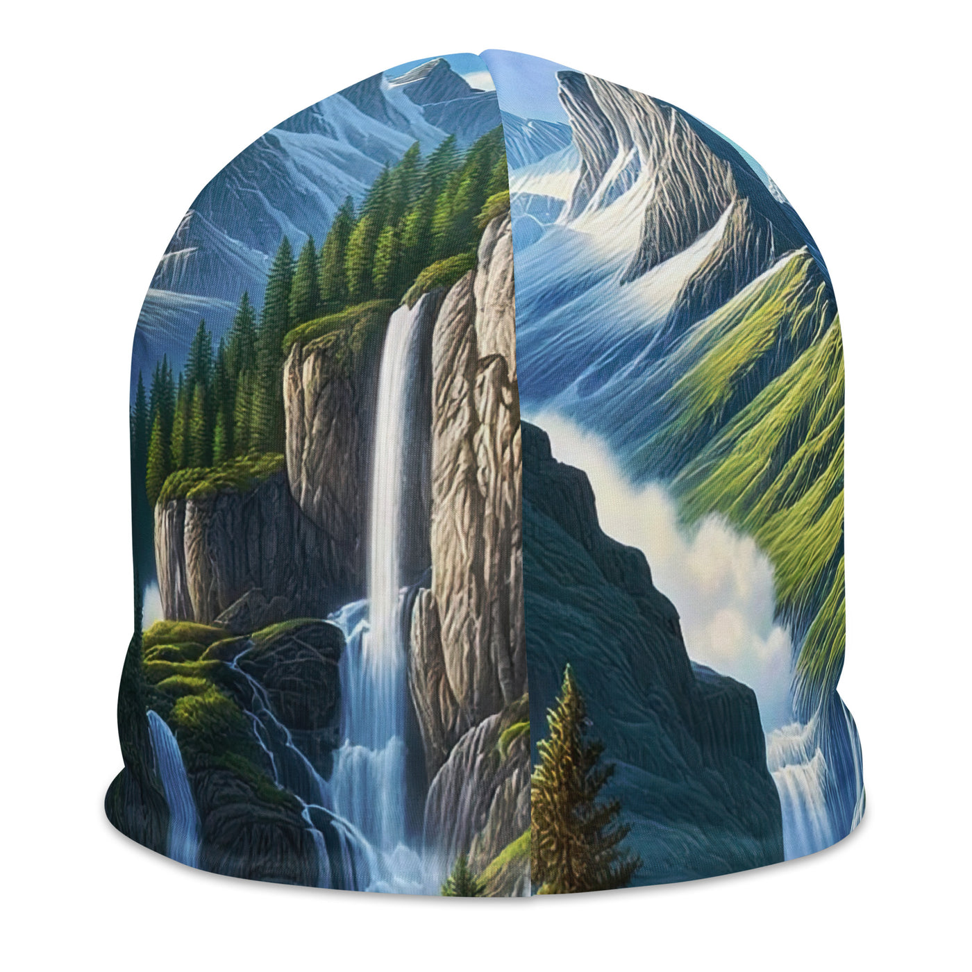 Illustration einer unberührten Alpenkulisse im Hochsommer. Wasserfall und See - Beanie (All-Over Print) berge xxx yyy zzz