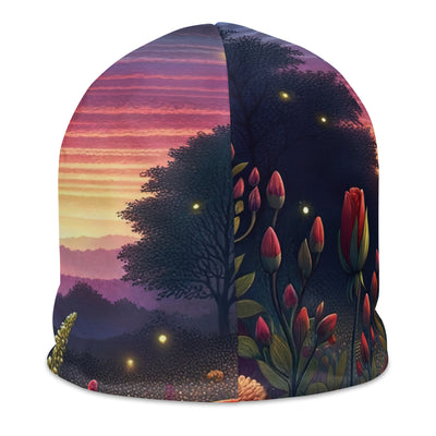 Skurriles Blumenfeld in Dämmerung, farbenfrohe Rosen, Lilien, Ringelblumen - Beanie (All-Over Print) camping xxx yyy zzz