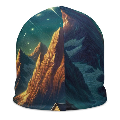 Alpine Wildnis mit Bergdorf unter sternenklarem Nachthimmel - Beanie (All-Over Print) berge xxx yyy zzz