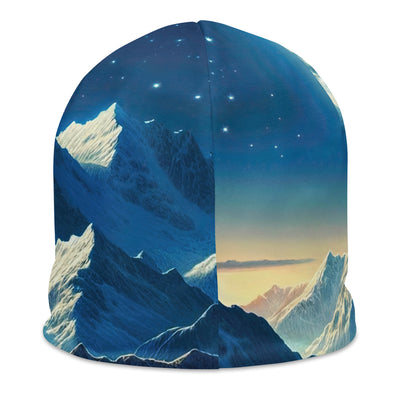 Klare frühlingshafte Alpennacht mit Blumen und Vollmond über Schneegipfeln - Beanie (All-Over Print) berge xxx yyy zzz