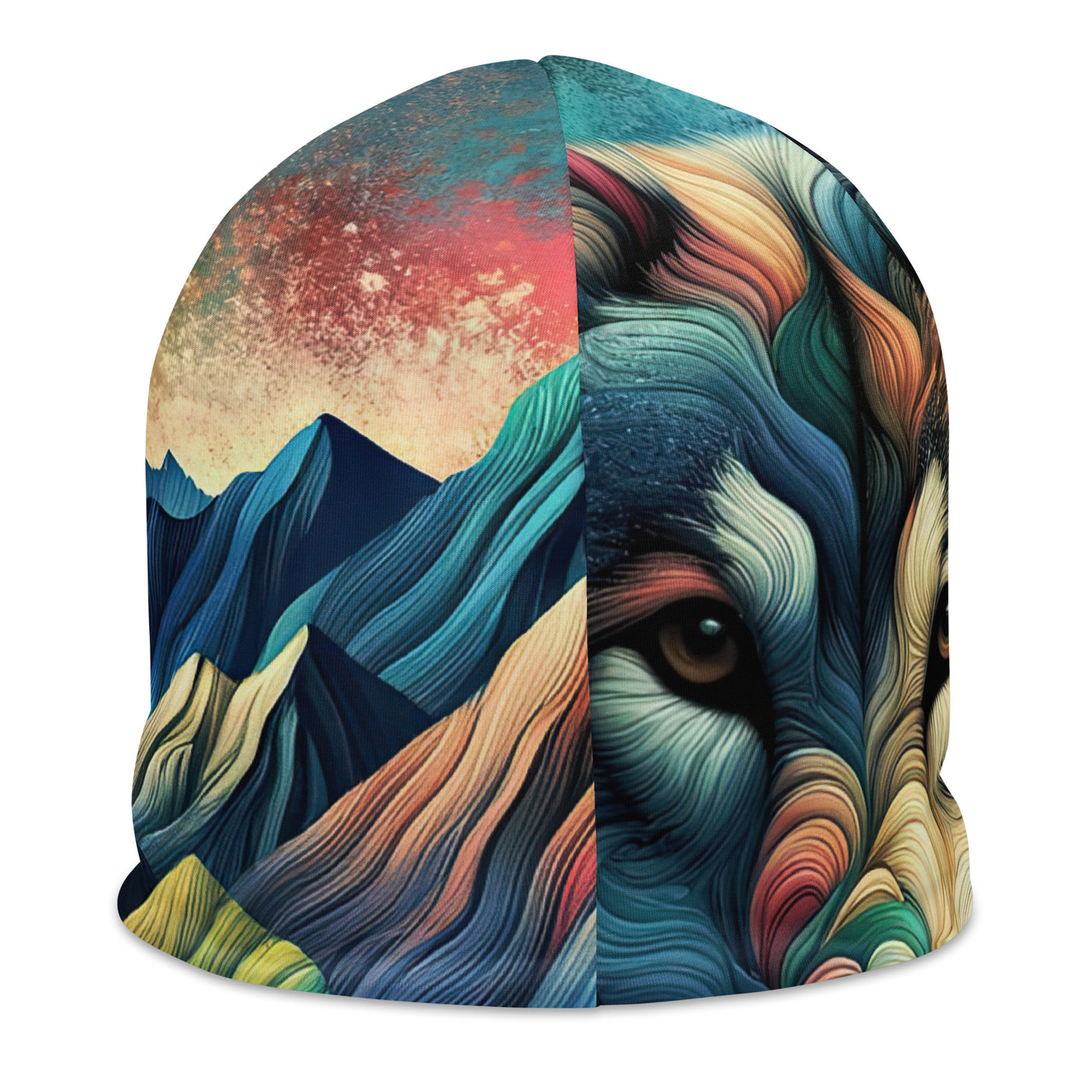 Traumhaftes Alpenpanorama mit Wolf in wechselnden Farben und Mustern (AN) - Beanie (All-Over Print) xxx yyy zzz