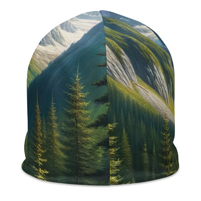 Ölgemälde der Alpensommerlandschaft mit Zelt, Gipfeln, Wäldern und Bächen - Beanie (All-Over Print) camping xxx yyy zzz