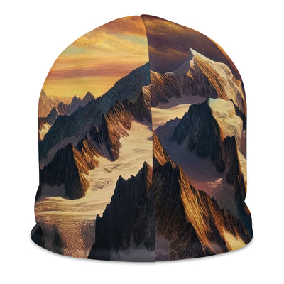 Ölgemälde eines Wanderers auf einem Hügel mit Panoramablick auf schneebedeckte Alpen und goldenen Himmel - Beanie (All-Over Print) wandern xxx yyy zzz