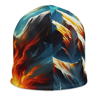 Ölgemälde von Feuer und Eis: Lagerfeuer und Alpen im Kontrast, warme Flammen - Beanie (All-Over Print) camping xxx yyy zzz