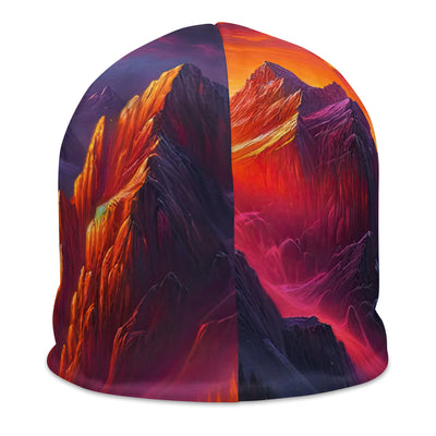 Ölgemälde eines Bootes auf einem Bergsee bei Sonnenuntergang, lebendige Orange-Lila Töne - Beanie (All-Over Print) berge xxx yyy zzz