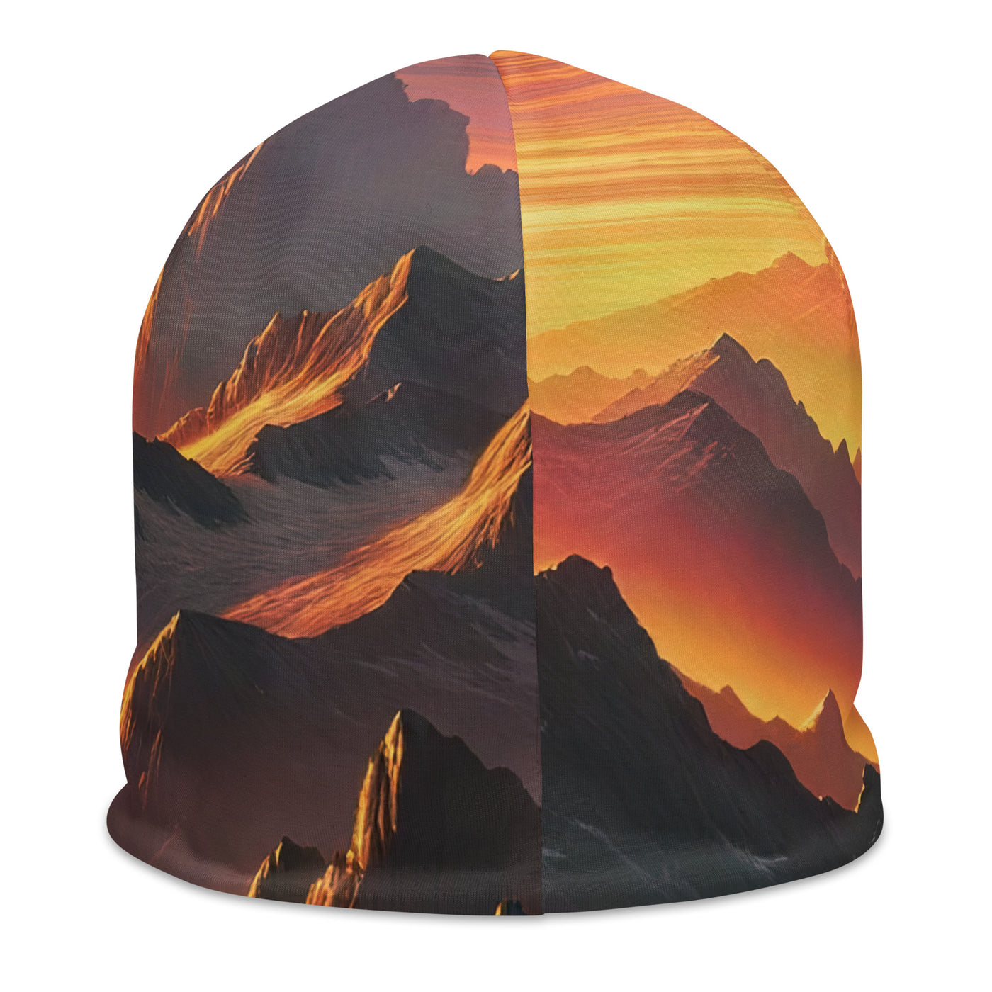 Ölgemälde der Alpen in der goldenen Stunde mit Wanderer, Orange-Rosa Bergpanorama - Beanie (All-Over Print) wandern xxx yyy zzz