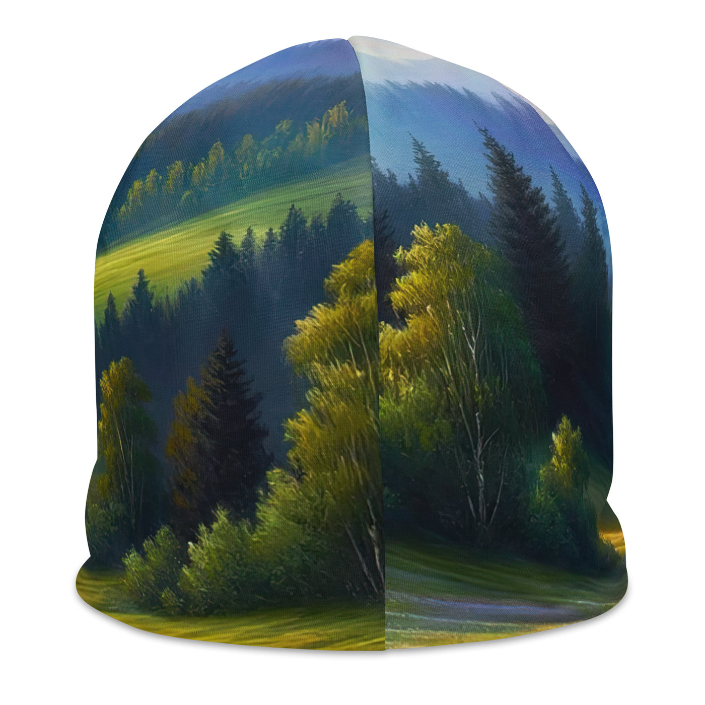 Ölgemälde einer Almwiese, Meer aus Wildblumen in Gelb- und Lilatönen - Beanie (All-Over Print) berge xxx yyy zzz