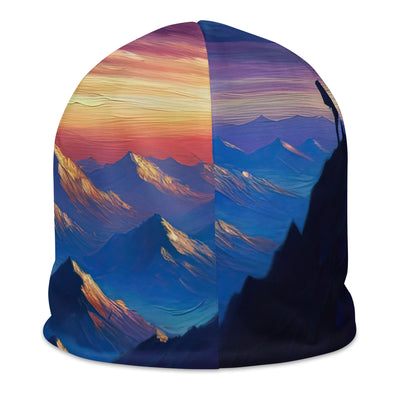 Ölgemälde eines ruhigen Alpenabends mit Bergsteigersilhouette auf dem Gipfel - Beanie (All-Over Print) wandern xxx yyy zzz