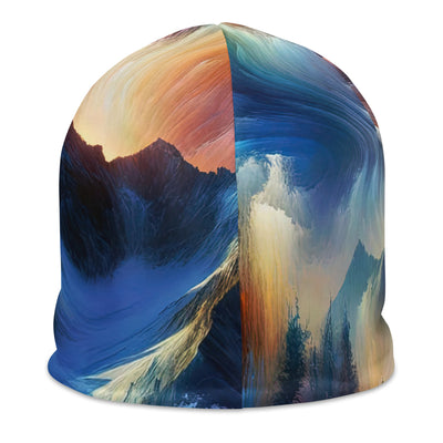 Foto eines abstrakt-expressionistischen Alpengemäldes mit Wanderersilhouette - Beanie (All-Over Print) wandern xxx yyy zzz