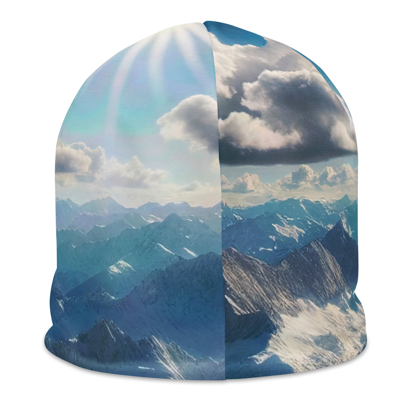 Foto der Alpen im Winter mit Bären auf dem Gipfel, glitzernder Neuschnee unter der Sonne - Beanie (All-Over Print) camping xxx yyy zzz