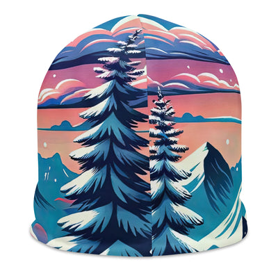 Vektorgrafik eines alpinen Winterwunderlandes mit schneebedeckten Kiefern und einem Fuchs - Beanie (All-Over Print) camping xxx yyy zzz