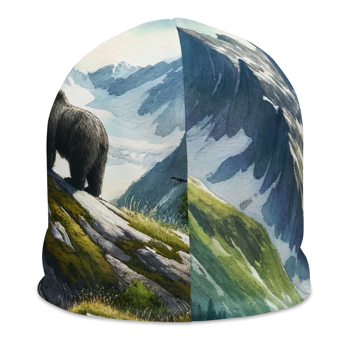 Aquarellmalerei eines Bären und der sommerlichen Alpenschönheit mit schneebedeckten Ketten - Beanie (All-Over Print) camping xxx yyy zzz