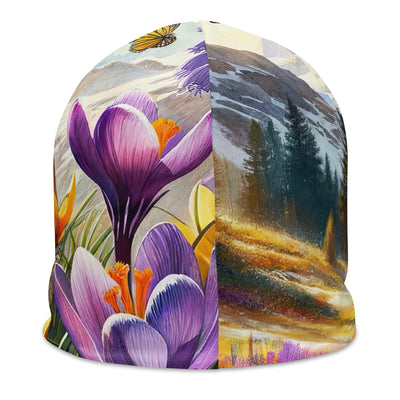 Aquarell einer ruhigen Almwiese, farbenfrohe Bergblumen in den Alpen - Beanie (All-Over Print) berge xxx yyy zzz