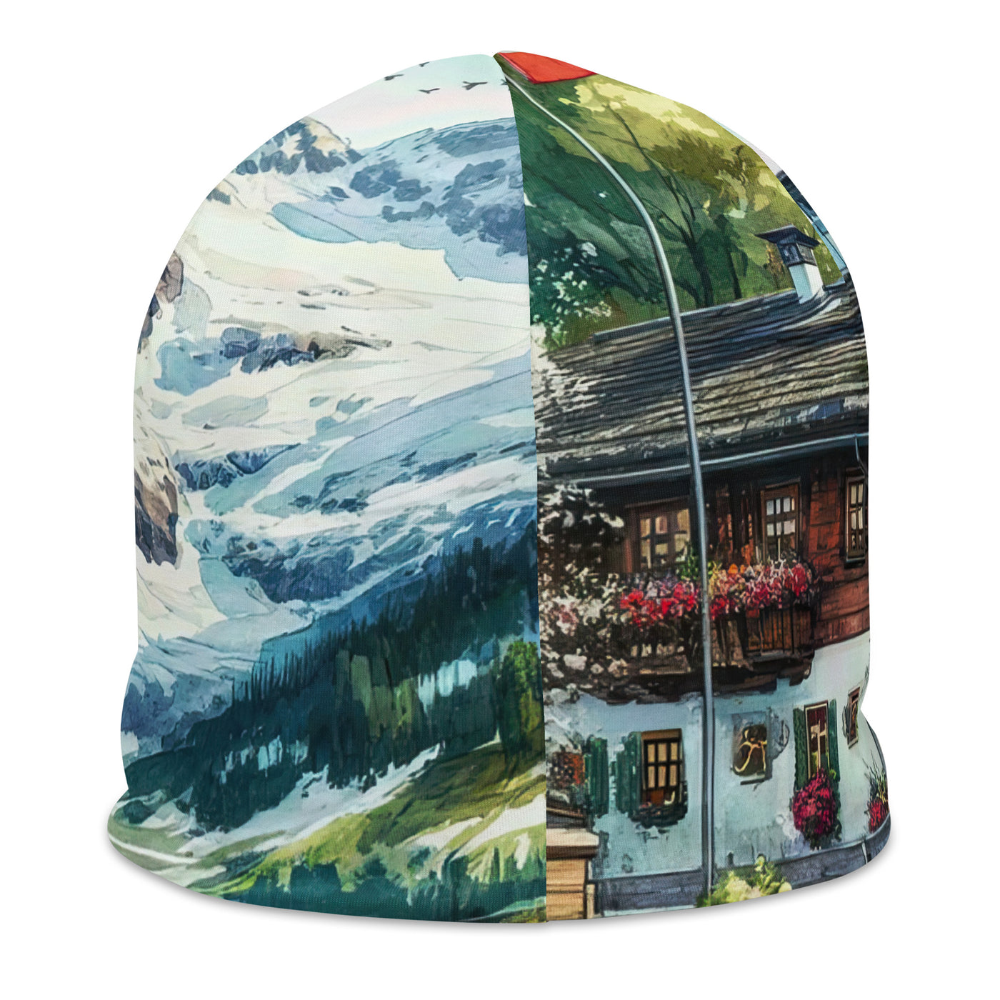 Aquarell der frühlingshaften Alpenkette mit österreichischer Flagge und schmelzendem Schnee - Beanie (All-Over Print) berge xxx yyy zzz