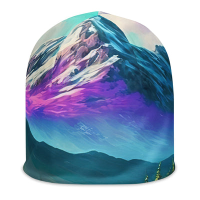 Berg, pinke Blumen und Wanderweg - Landschaftsmalerei - Beanie (All-Over Print) berge xxx