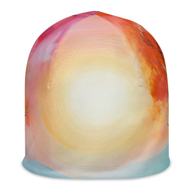 Berge, See, pinke Bäume und Blumen - Malerei - Beanie (All-Over Print) berge xxx L