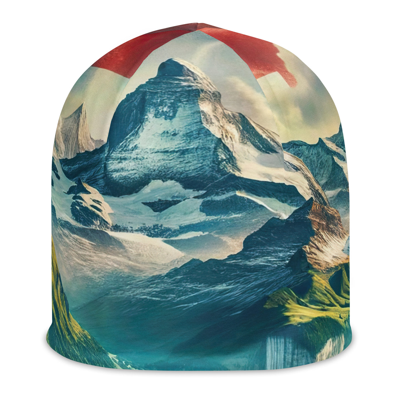 Berg Panorama: Schneeberge und Täler mit Schweizer Flagge - Beanie (All-Over Print) berge xxx yyy zzz