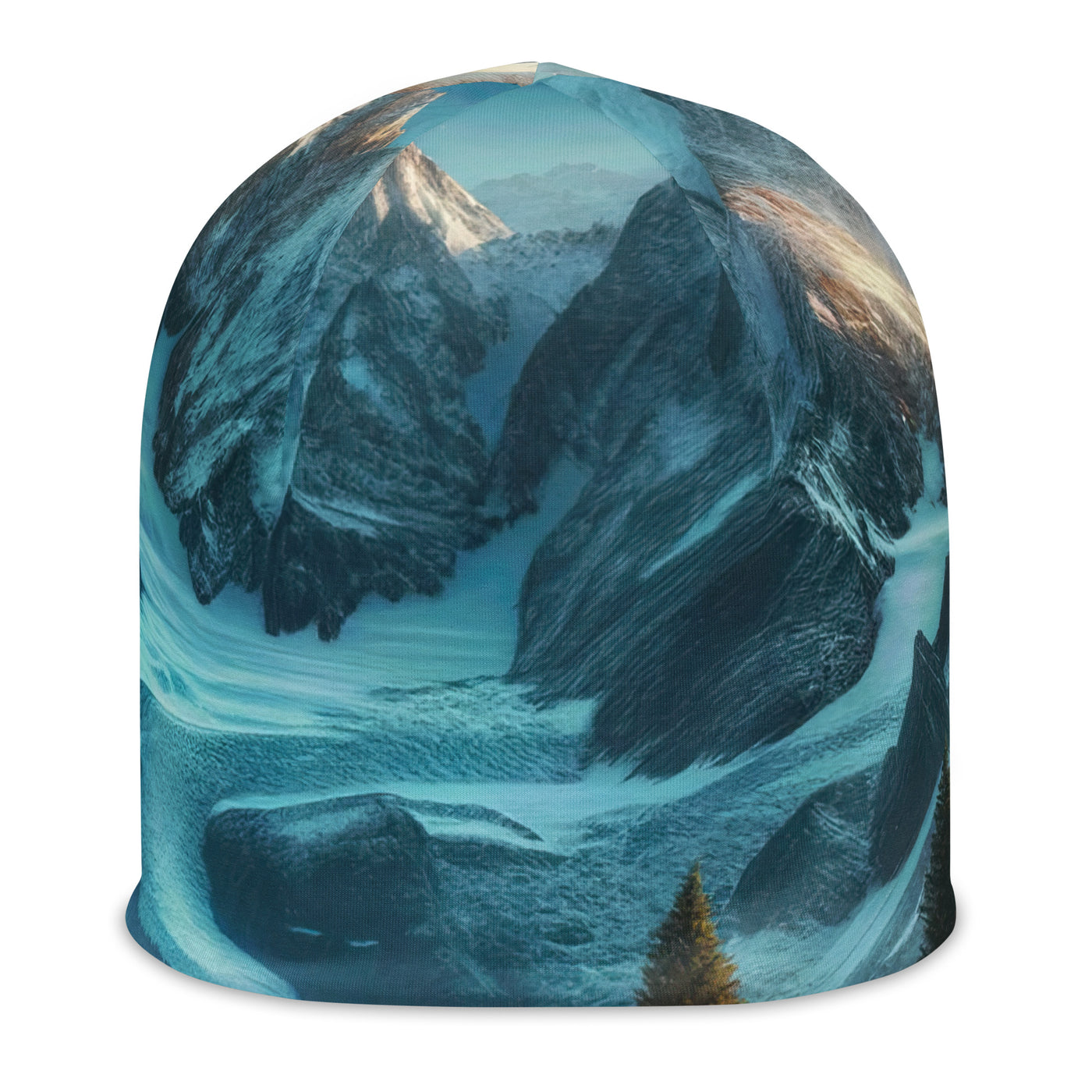 Stille Alpenmajestätik: Digitale Kunst mit Schnee und Bergsee-Spiegelung - Beanie (All-Over Print) berge xxx yyy zzz L