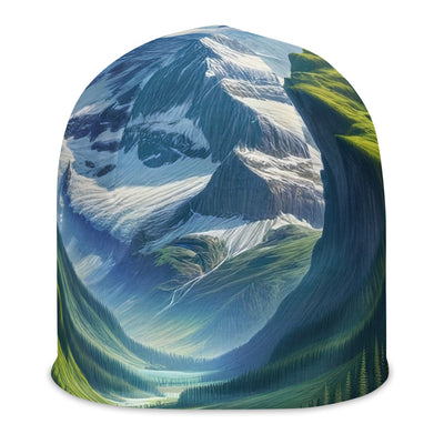 Wanderer in den Bergen und Wald: Digitale Malerei mit grünen kurvenreichen Pfaden - Beanie (All-Over Print) wandern xxx yyy zzz