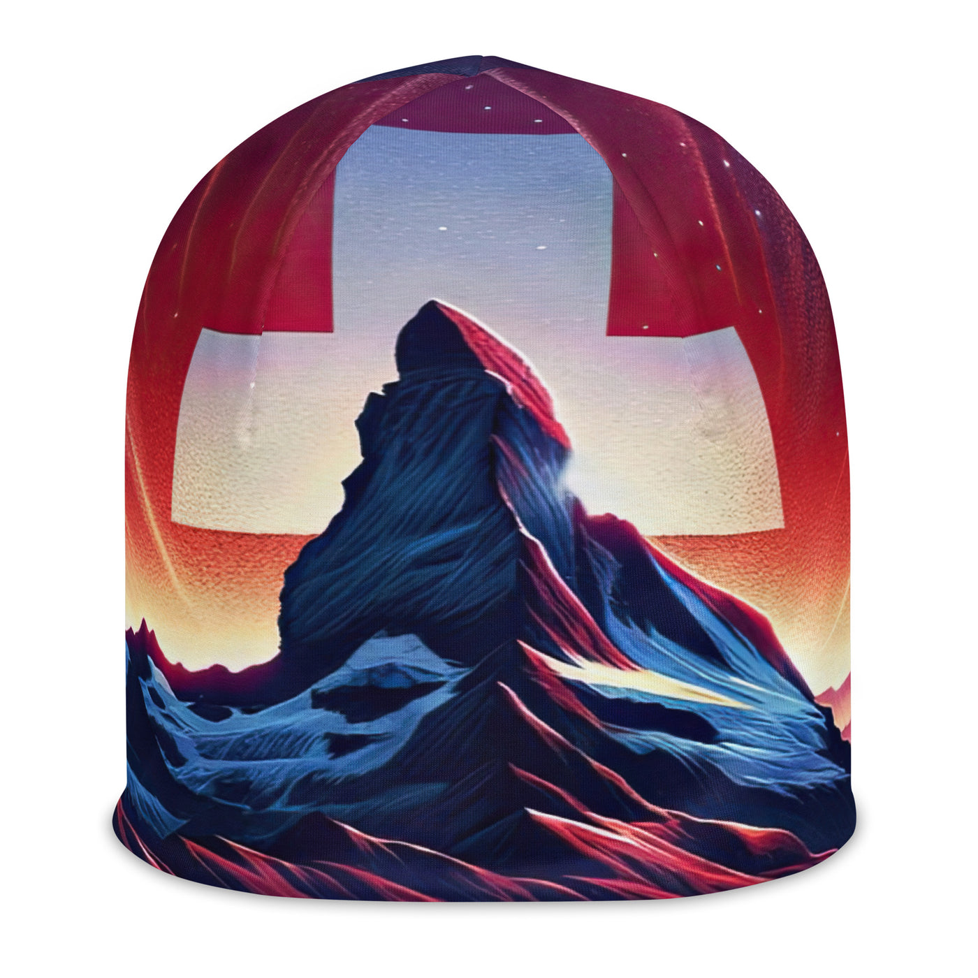 Alpenszene in Dämmerung mit Schweizer Flagge - Beanie (All-Over Print) berge xxx yyy zzz