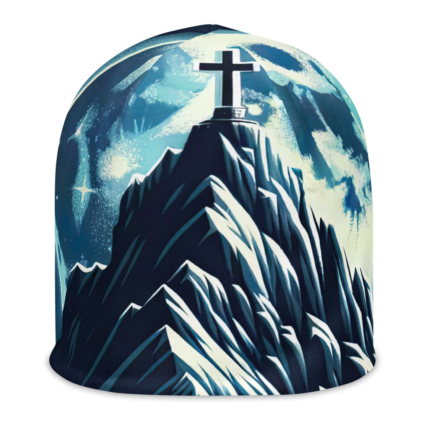 Mondnacht und Gipfelkreuz in den Alpen, glitzernde Schneegipfel - Beanie (All-Over Print) berge xxx yyy zzz L