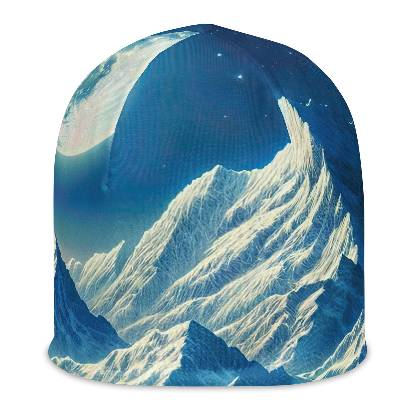 Klare frühlingshafte Alpennacht mit Blumen und Vollmond über Schneegipfeln - Beanie (All-Over Print) berge xxx yyy zzz L