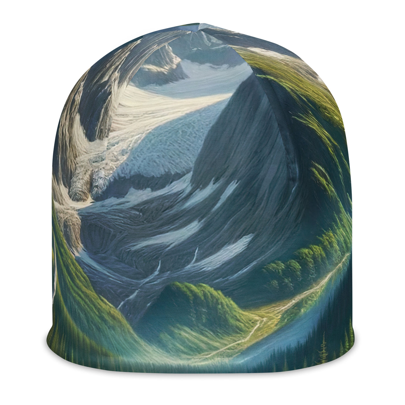 Ölgemälde der Alpensommerlandschaft mit Zelt, Gipfeln, Wäldern und Bächen - Beanie (All-Over Print) camping xxx yyy zzz L