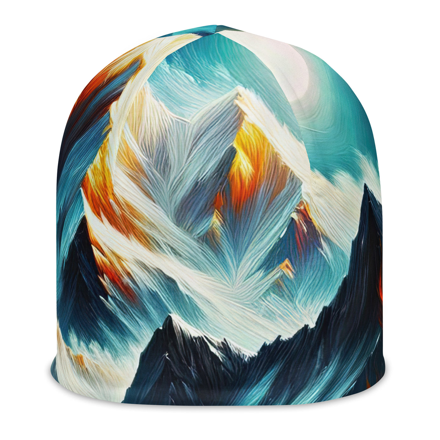 Ölgemälde von Feuer und Eis: Lagerfeuer und Alpen im Kontrast, warme Flammen - Beanie (All-Over Print) camping xxx yyy zzz L