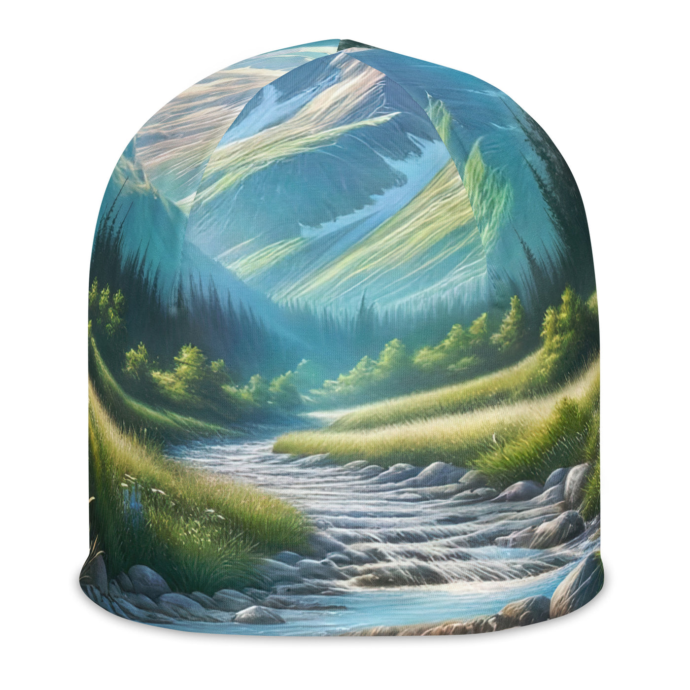 Sanfter Gebirgsbach in Ölgemälde, klares Wasser über glatten Felsen - Beanie (All-Over Print) berge xxx yyy zzz L