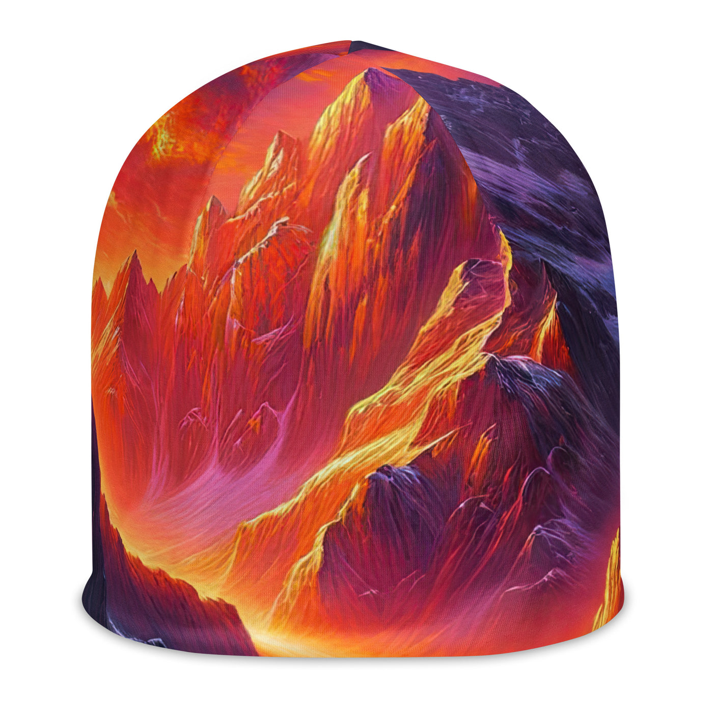 Ölgemälde eines Bootes auf einem Bergsee bei Sonnenuntergang, lebendige Orange-Lila Töne - Beanie (All-Over Print) berge xxx yyy zzz L