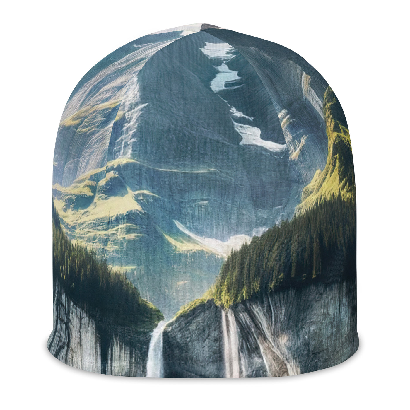 Foto der sommerlichen Alpen mit üppigen Gipfeln und Wasserfall - Beanie (All-Over Print) berge xxx yyy zzz L