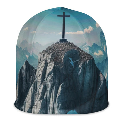 Foto der Alpen mit Gipfelkreuz an einem klaren Tag, schneebedeckte Spitzen vor blauem Himmel - Beanie (All-Over Print) berge xxx yyy zzz