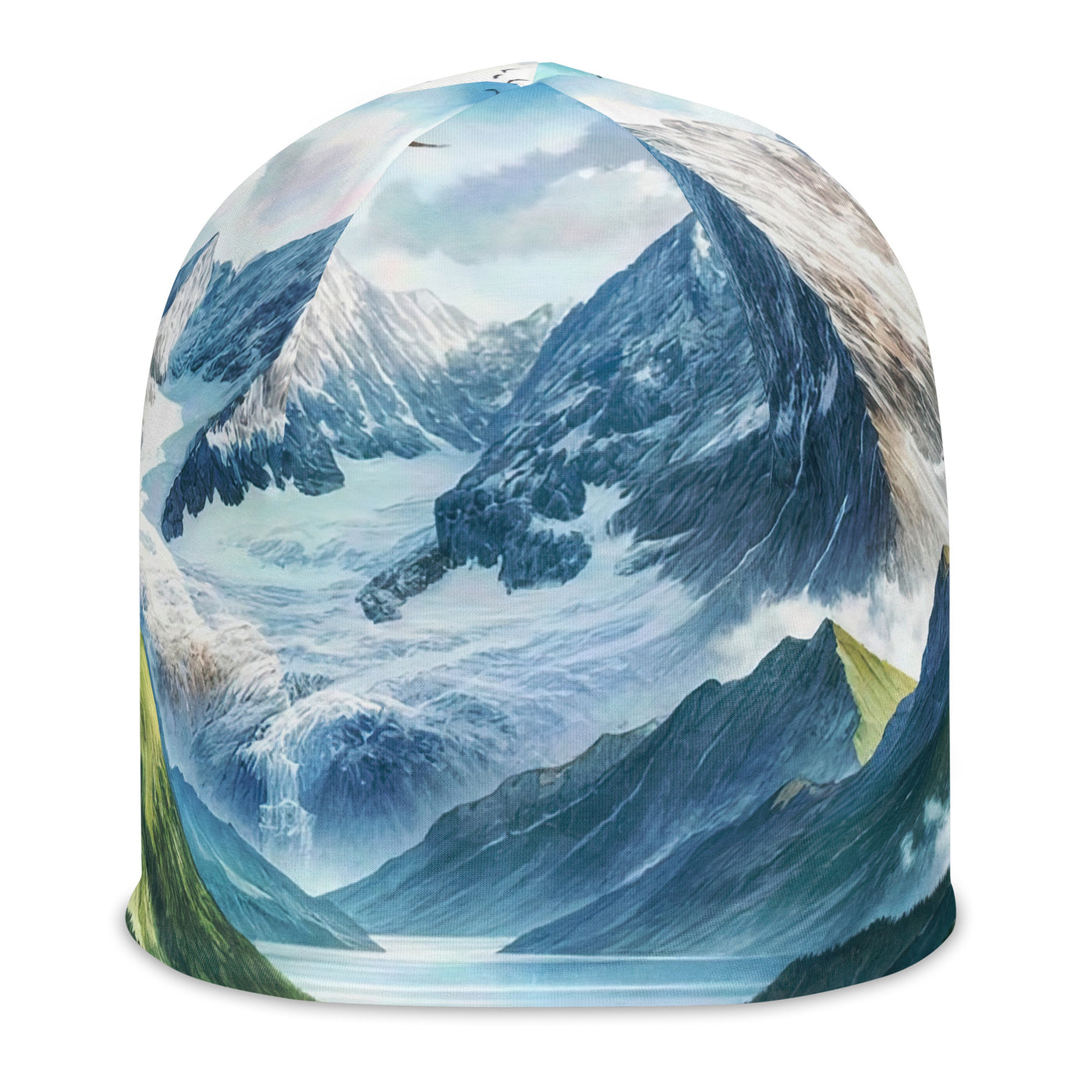 Quadratisches Aquarell der Alpen, Berge mit schneebedeckten Spitzen - Beanie (All-Over Print) berge xxx yyy zzz L