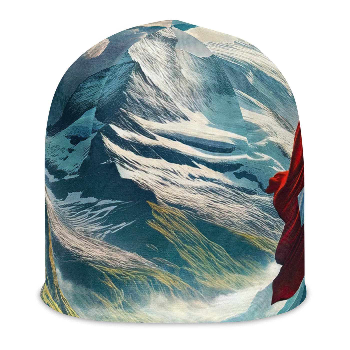 Ultraepische, fotorealistische Darstellung der Schweizer Alpenlandschaft mit Schweizer Flagge - Beanie (All-Over Print) berge xxx yyy zzz L