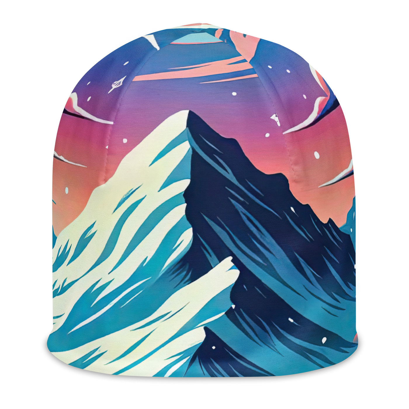 Vektorgrafik eines alpinen Winterwunderlandes mit schneebedeckten Kiefern und einem Fuchs - Beanie (All-Over Print) camping xxx yyy zzz L