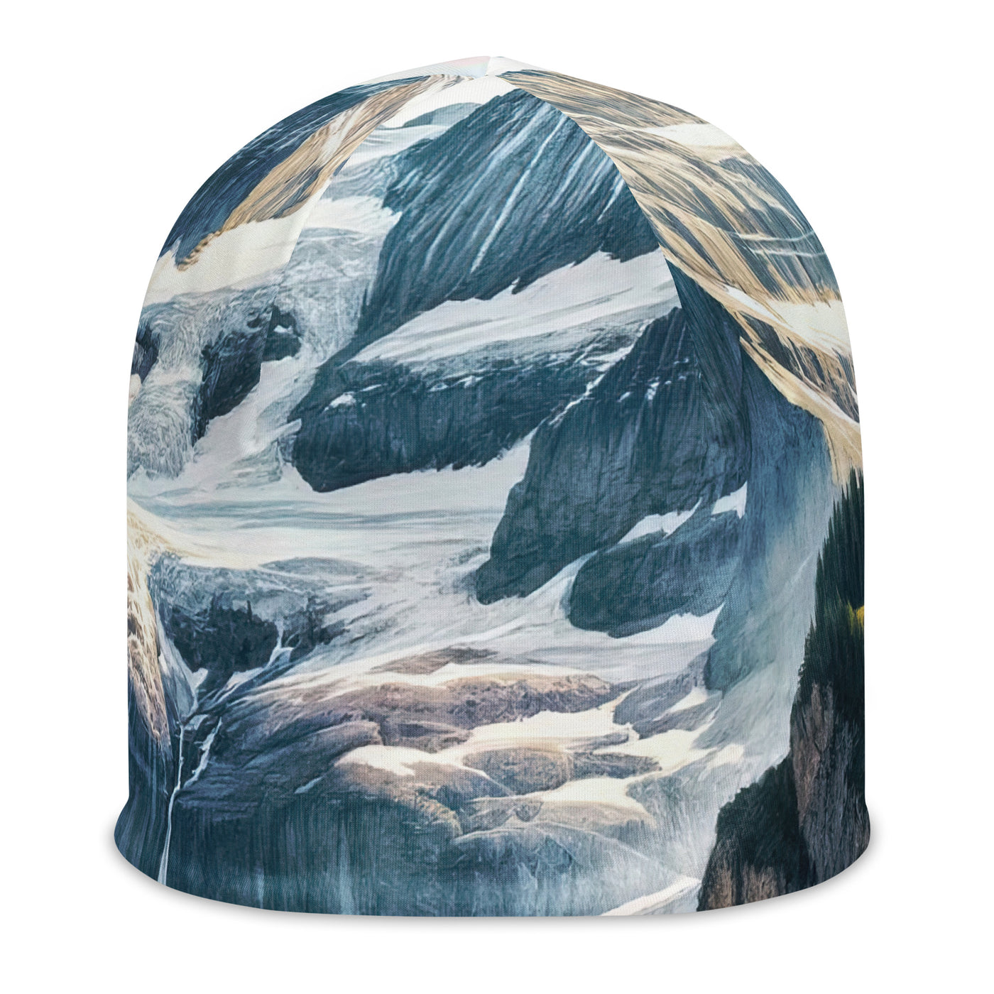 Aquarell-Panoramablick der Alpen mit schneebedeckten Gipfeln, Wasserfällen und Wanderern - Beanie (All-Over Print) wandern xxx yyy zzz L