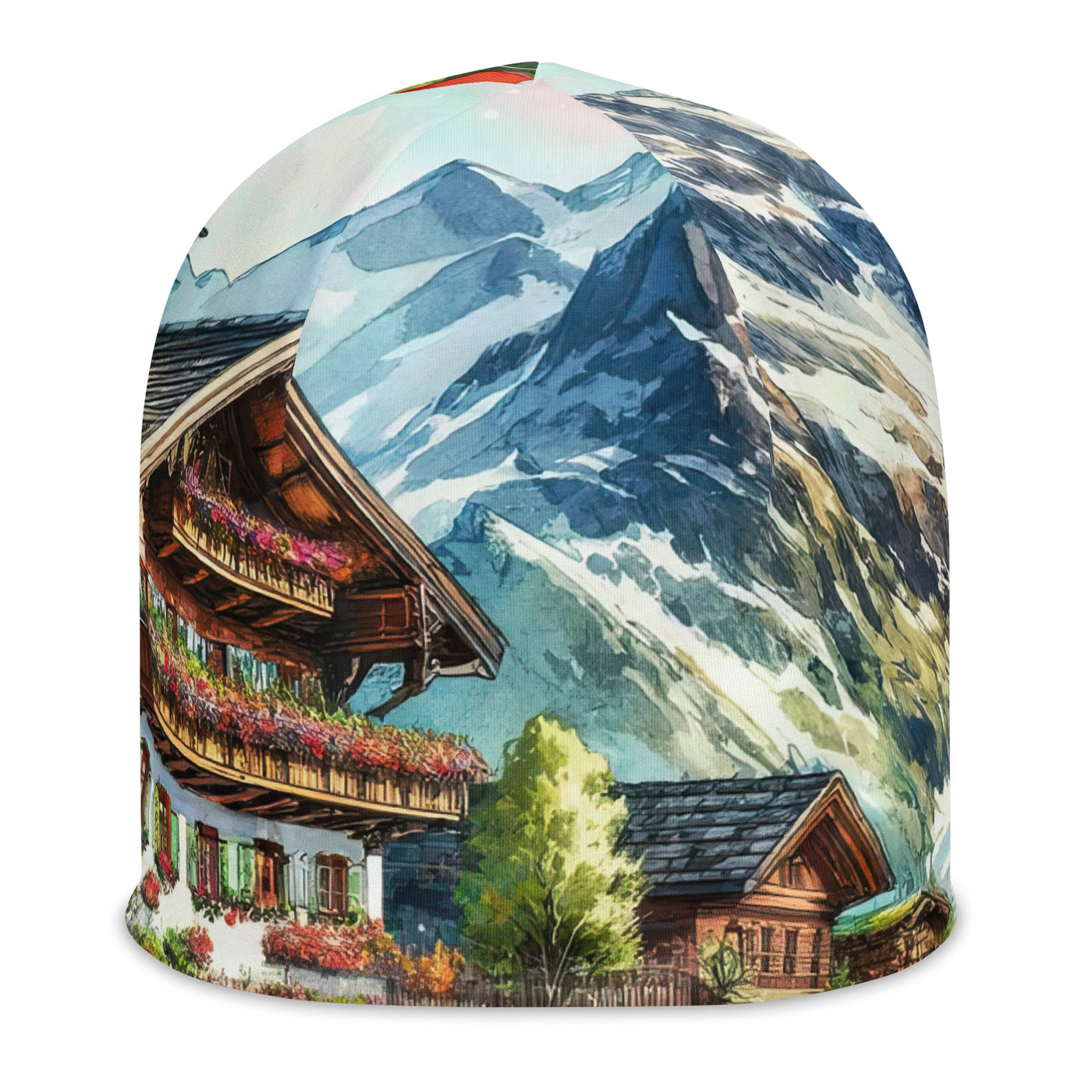 Aquarell der frühlingshaften Alpenkette mit österreichischer Flagge und schmelzendem Schnee - Beanie (All-Over Print) berge xxx yyy zzz