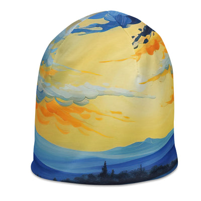 Berglandschaft mit schönen gelben Blumen - Landschaftsmalerei - Beanie (All-Over Print) berge xxx