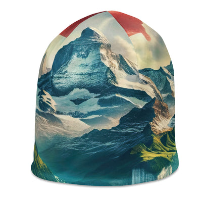 Berg Panorama: Schneeberge und Täler mit Schweizer Flagge - Beanie (All-Over Print) berge xxx yyy zzz