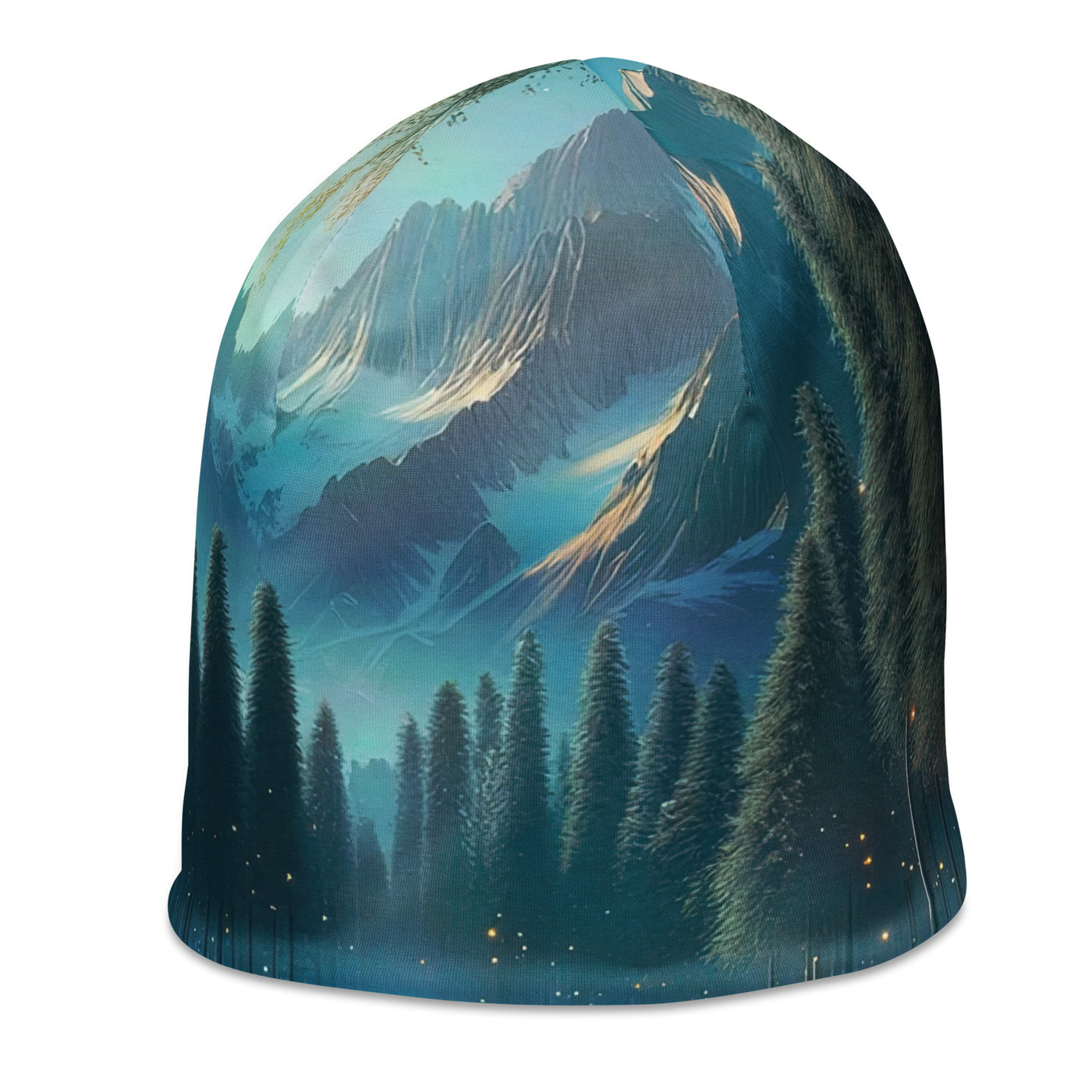 Ätherischer Alpenwald: Digitale Darstellung mit leuchtenden Bäumen und Blumen - Beanie (All-Over Print) camping xxx yyy zzz