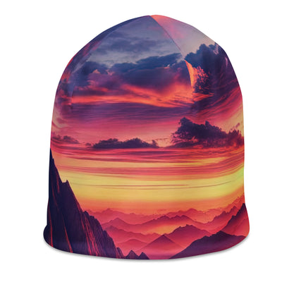 Dramatischer Alpen-Sonnenaufgang, Gipfelkreuz und warme Himmelsfarben - Beanie (All-Over Print) berge xxx yyy zzz